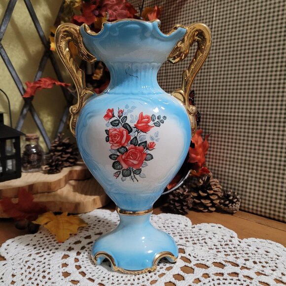 Blue Vintage Italian Porcelain Urn Vase with Pink Roses - Picture 3 of 13
